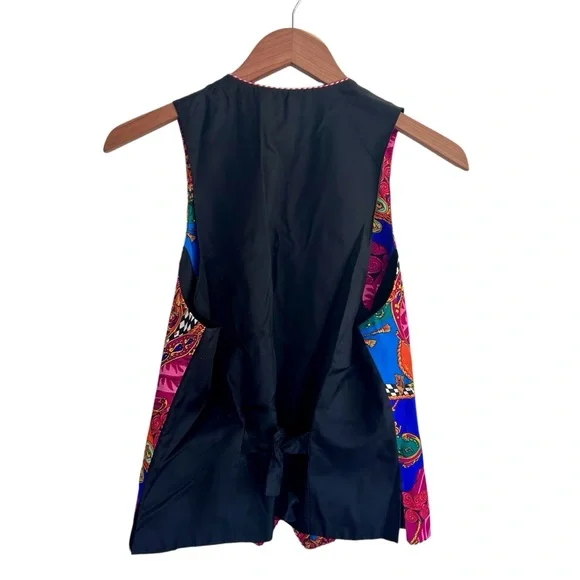 Georgiou Vintage 1980s Sz 4 Multicolor 100% Silk Vest Gold Buttons Adjustable - Picture 4 of 8